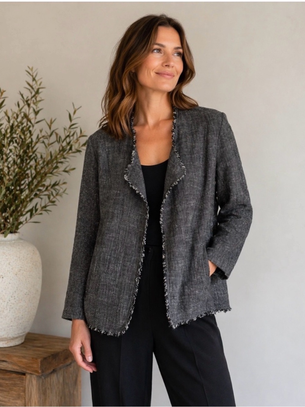 Eileen Fisher Fringe Tweed
Linen Blend Open Front Jacket
Cardigan Raw Edge 2X